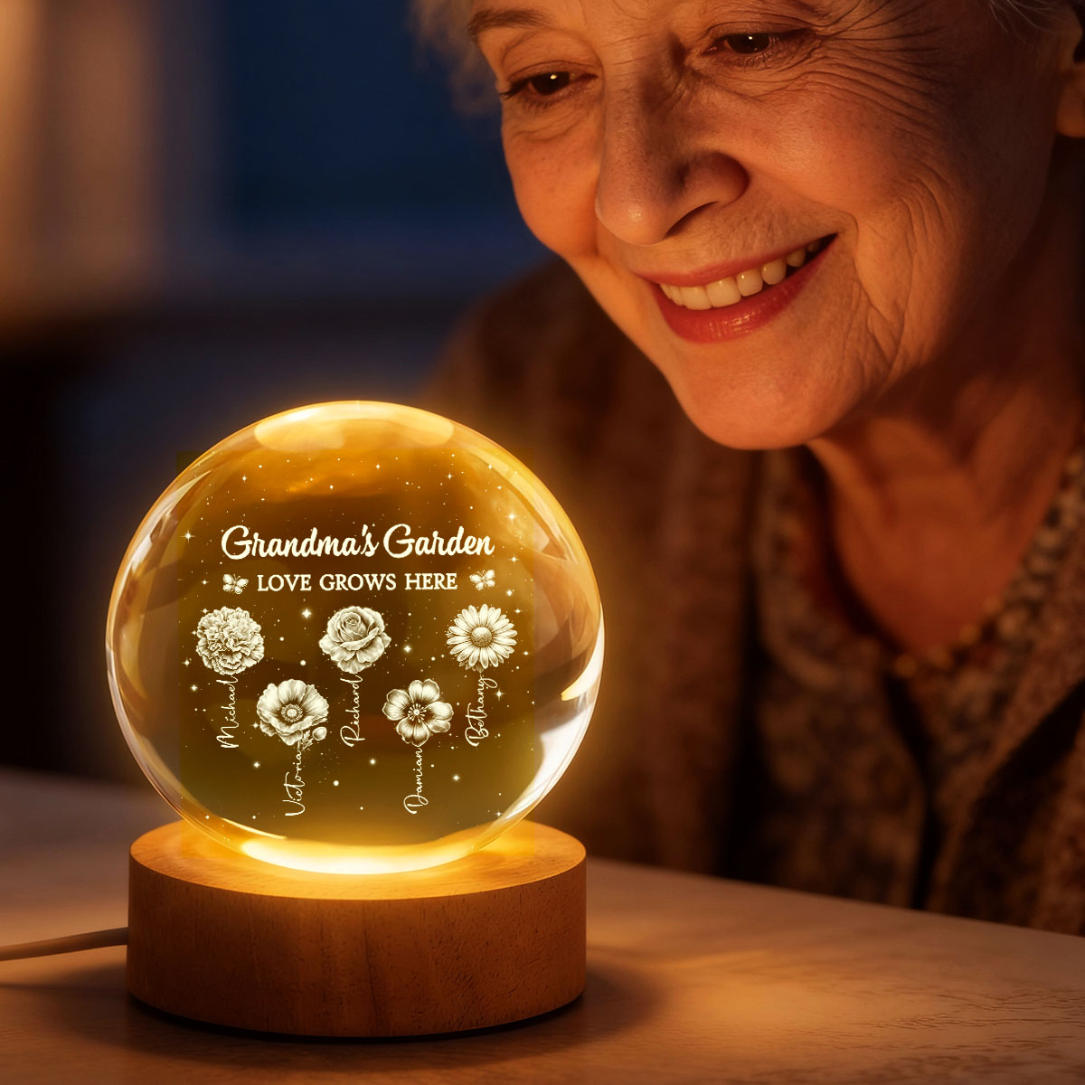 Grandma's Garden Custom Birth Month Flower - Personalized Crystal Ball LED Night Light - Sentimental Gift for Grandma