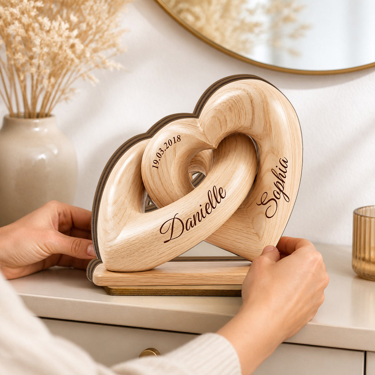 Interlocked Hearts Couple 2D Flat Plaque - Personalized 2-Layered Wooden Plaque - Gift for Him, for Her