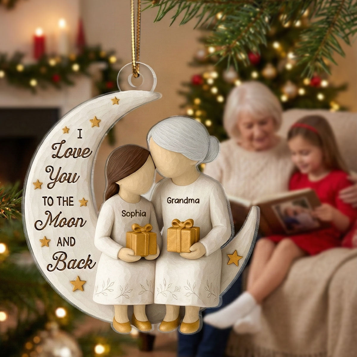 3D Effect Golden Star Grandma Grandkid On Moon - Personalized Acrylic Ornament - Gift For Granddaughter, Grandson