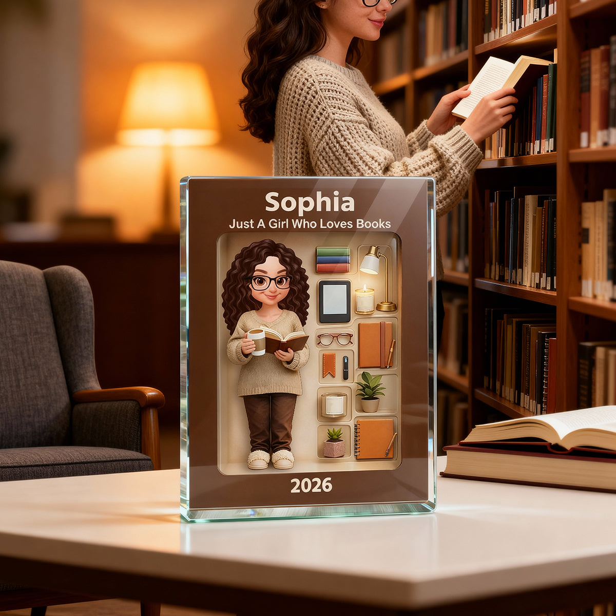 Book Lover 3D Action Figure - Personalized Acrylic Block - Gift for Book Lovers