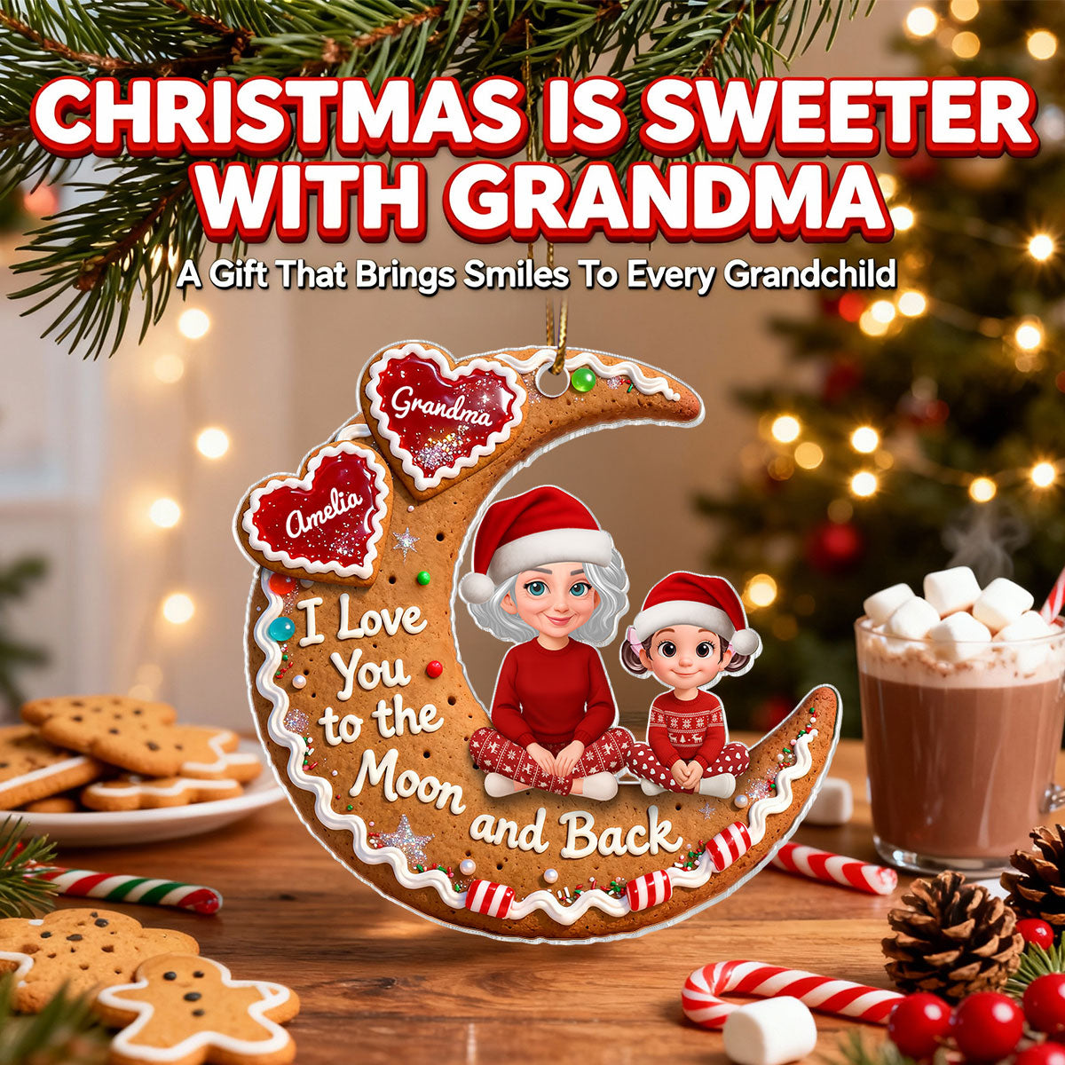 3D Effect Gingerbread Moon Grandma Grandkid Love You To The Moon And Back - Personalized Acrylic Ornament - Christmas Gift For All Grandkids