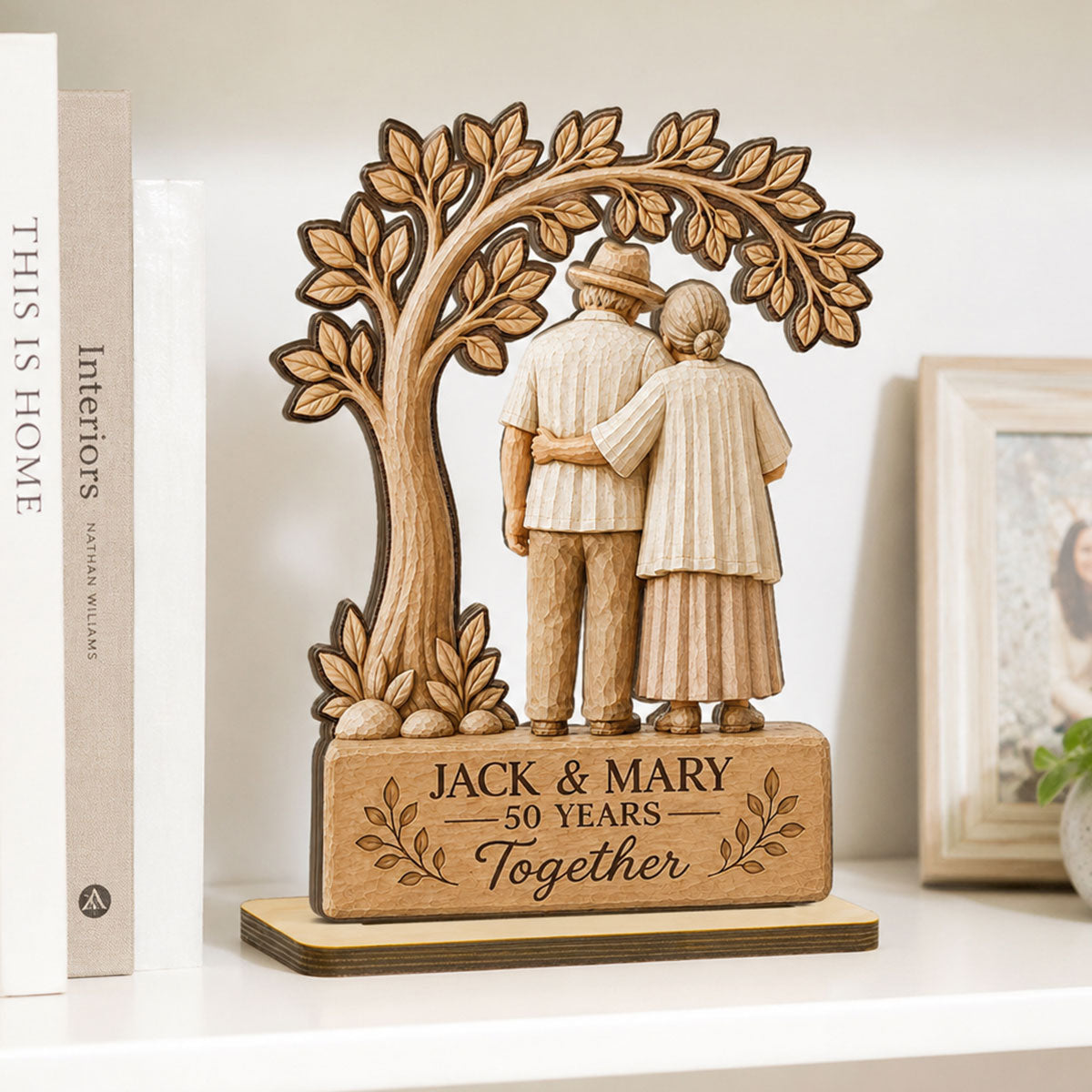 Rustic Old Couple Walking Anniversary Gift - Personalized 2-Layered Wooden Plaque - Wedding Year Decor
