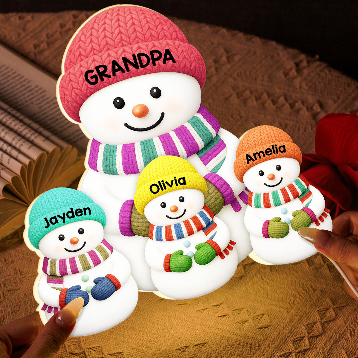 Heartwarming Christmas Grandma Grandpa Grandkids Snowman Together - Personalized Light Box