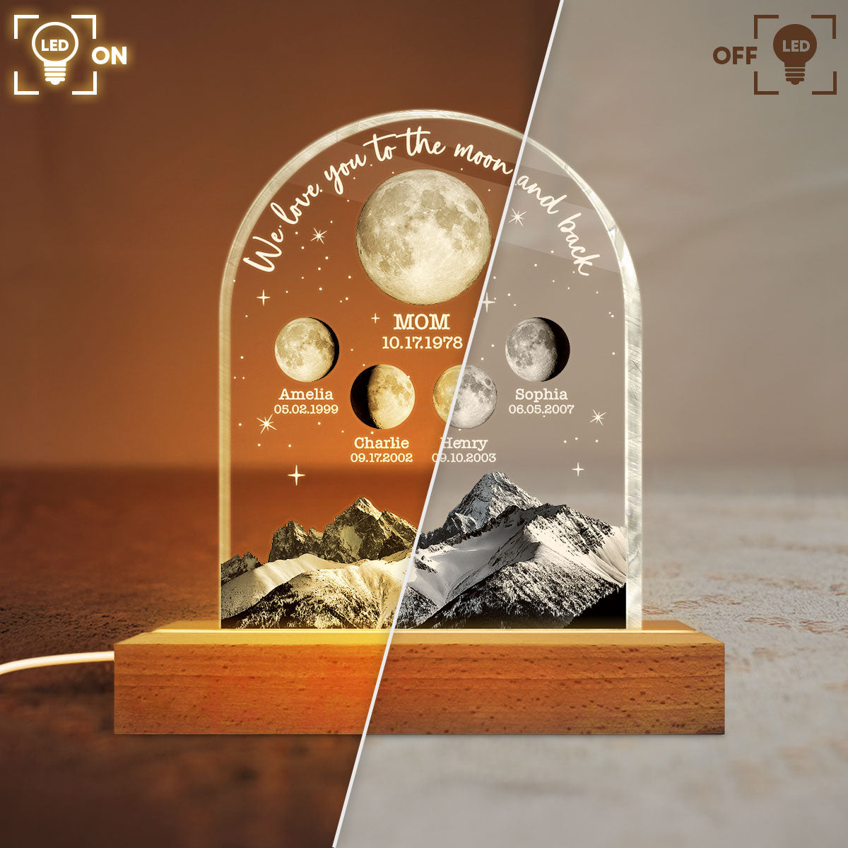 We Love You to the Moon and Back Custom Moon Phase by Date - Personalized Acrylic Block LED Night Light - Gift for Dad, Mom