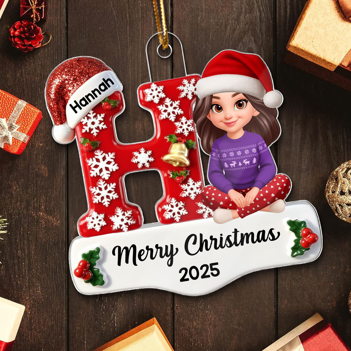 Family Member Christmas Festive Initial Name - Personalized Acrylic Ornament