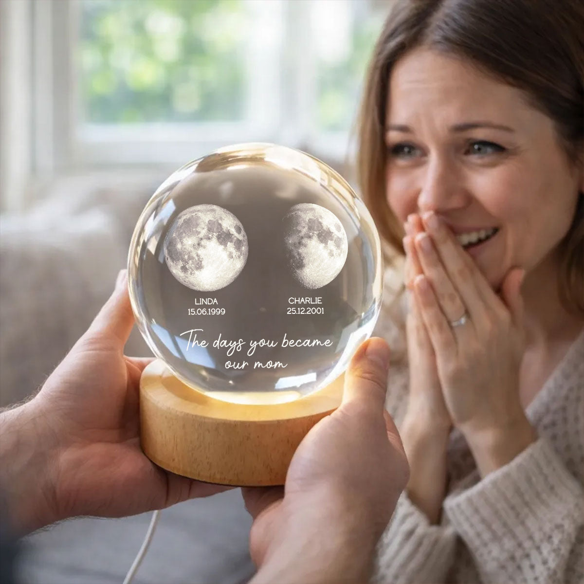 The Day You Became My Mom - Personalized Crystal Ball Night Light - Heartfelt Anniversary Gift for her, for him