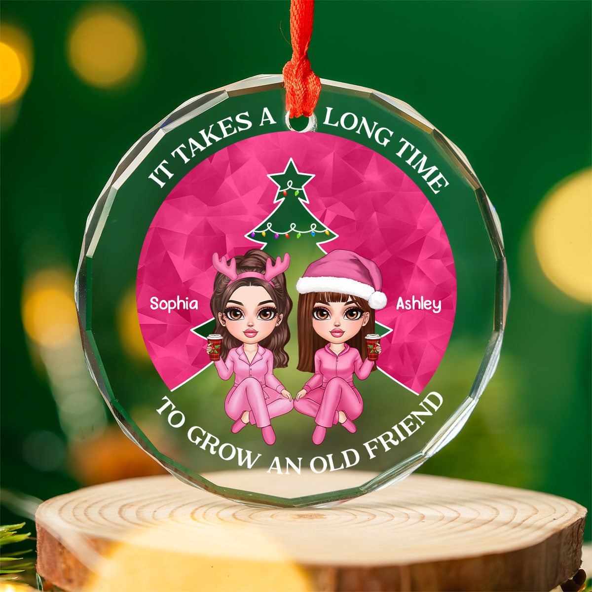 Pink Christmas Besties Sister Christmas Tree Personalized Glass Ornament
