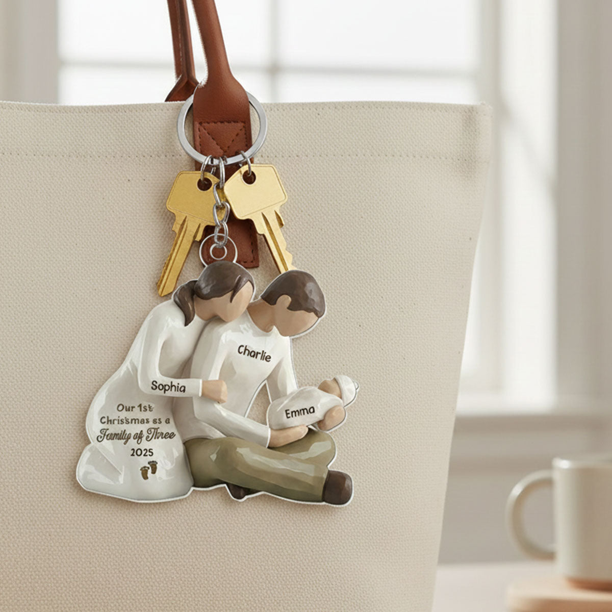 3D Effect First Christmas As Family Of Three Mom Dad Holding Baby - Personalized Acrylic Car Hanger