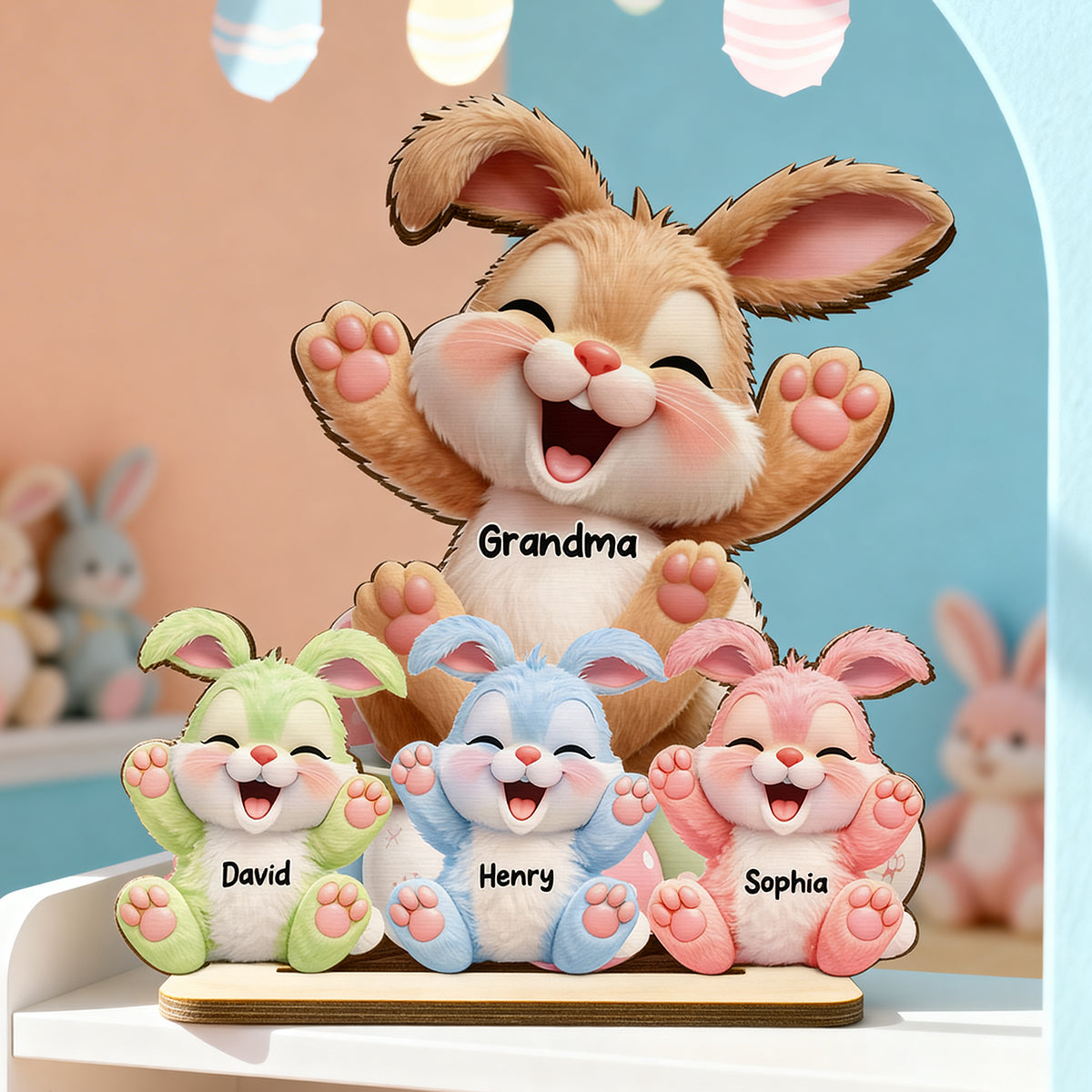 Grandma Bunny Easter Eggs - Personalized 2-Layered Wooden Plaque - Easter Decor for Grandma