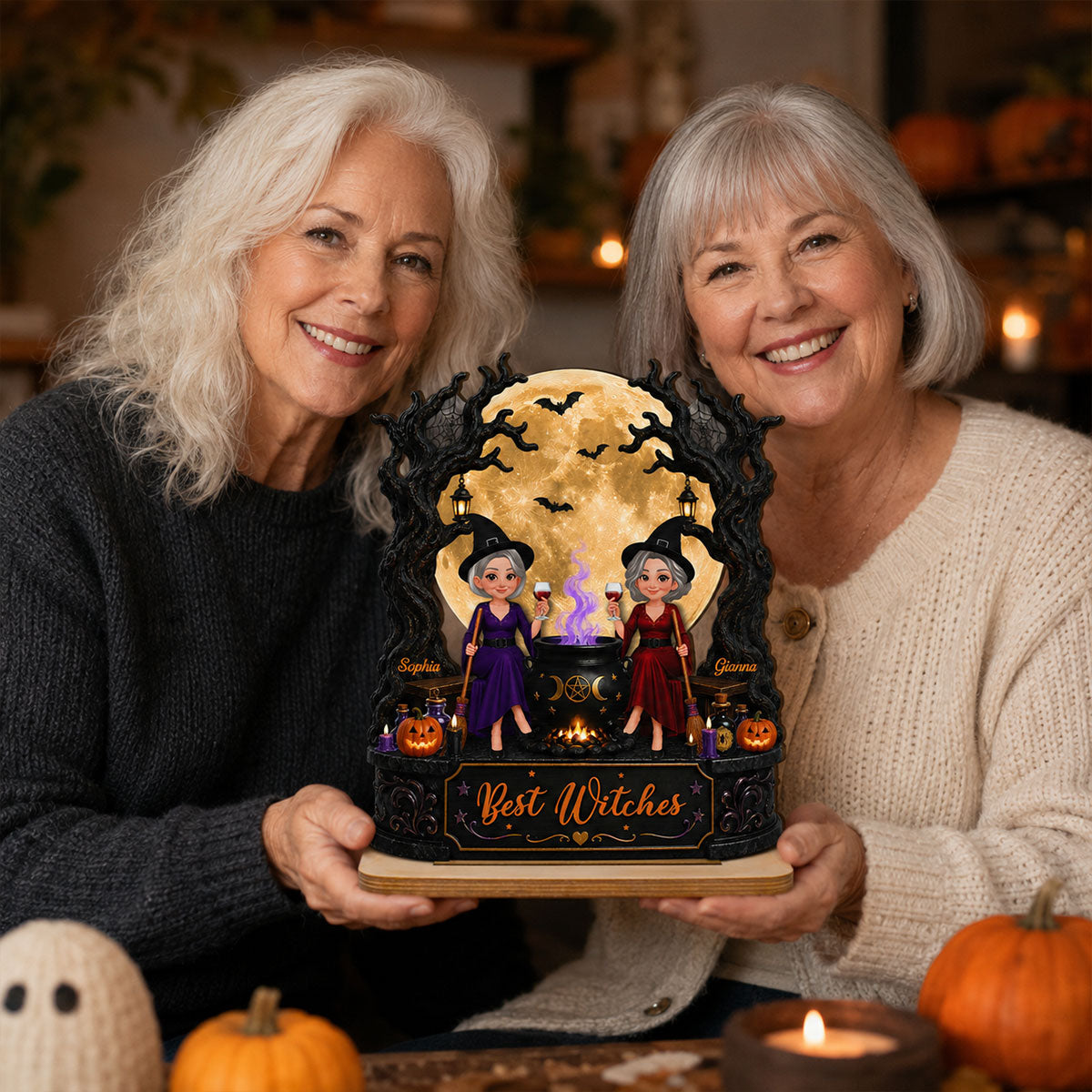 Best Witches In Moonlight 2D Flat - Personalized Wooden Plaque - Halloween Decoration