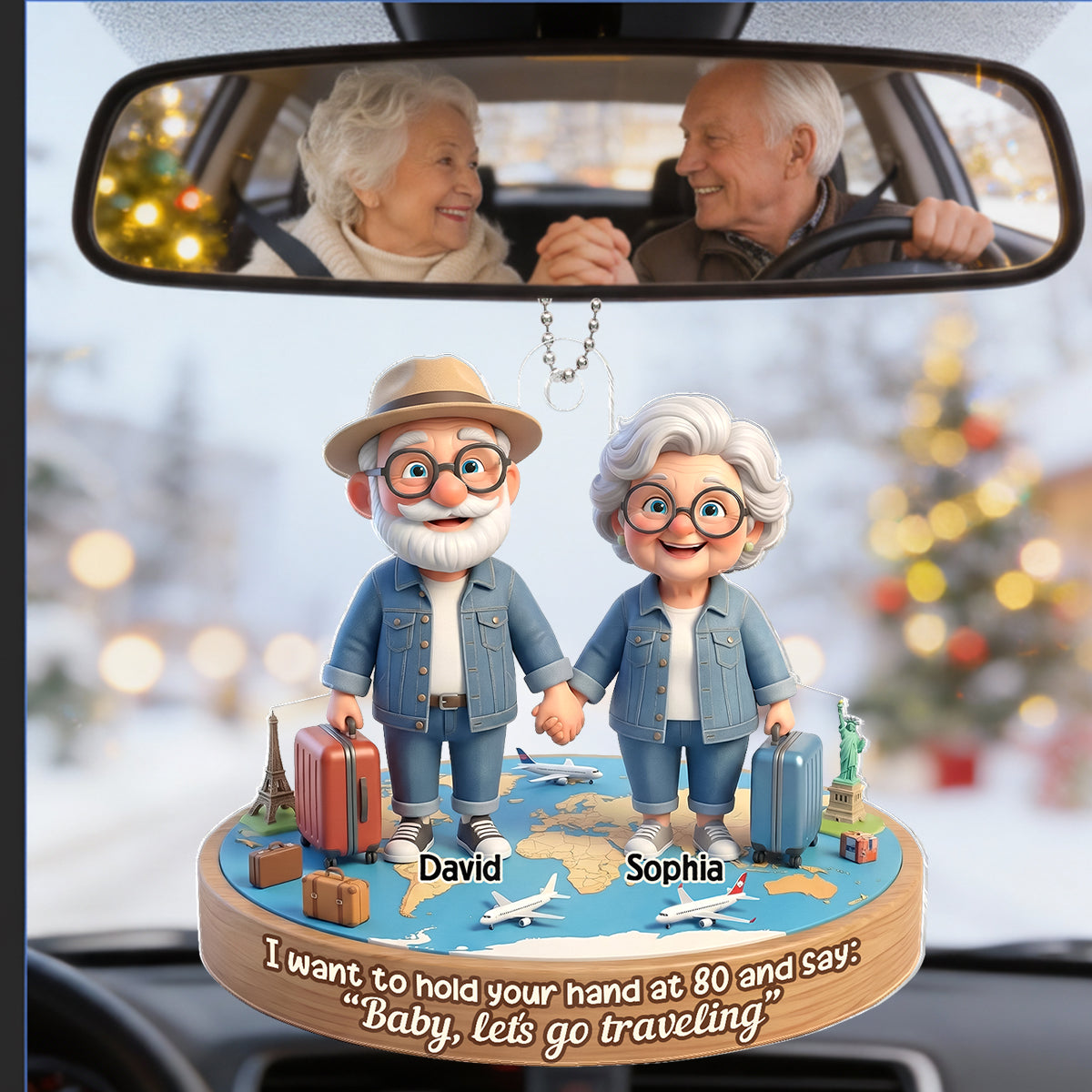 3D Effect Old Couple Baby Let's Go Traveling  - Personalized Acrylic Car Hanger - Sentimental Gift for him, for her