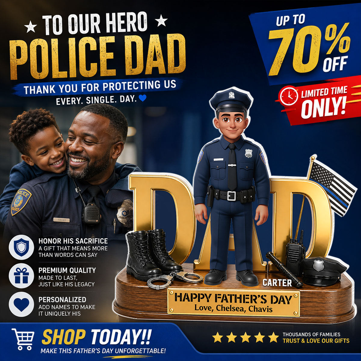 Proud American Police Dad You Are Our Hero Thin Blue Line 2D Flat - Personalized Acrylic Block Plaque -  Gift For Dad