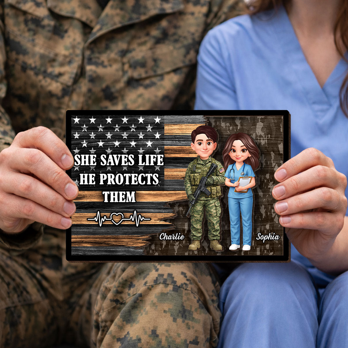 Custom Army Couple Nation Flag - Personalized 2-Layered Wooden Plaque - Heartfelt Gift for Him, for Her