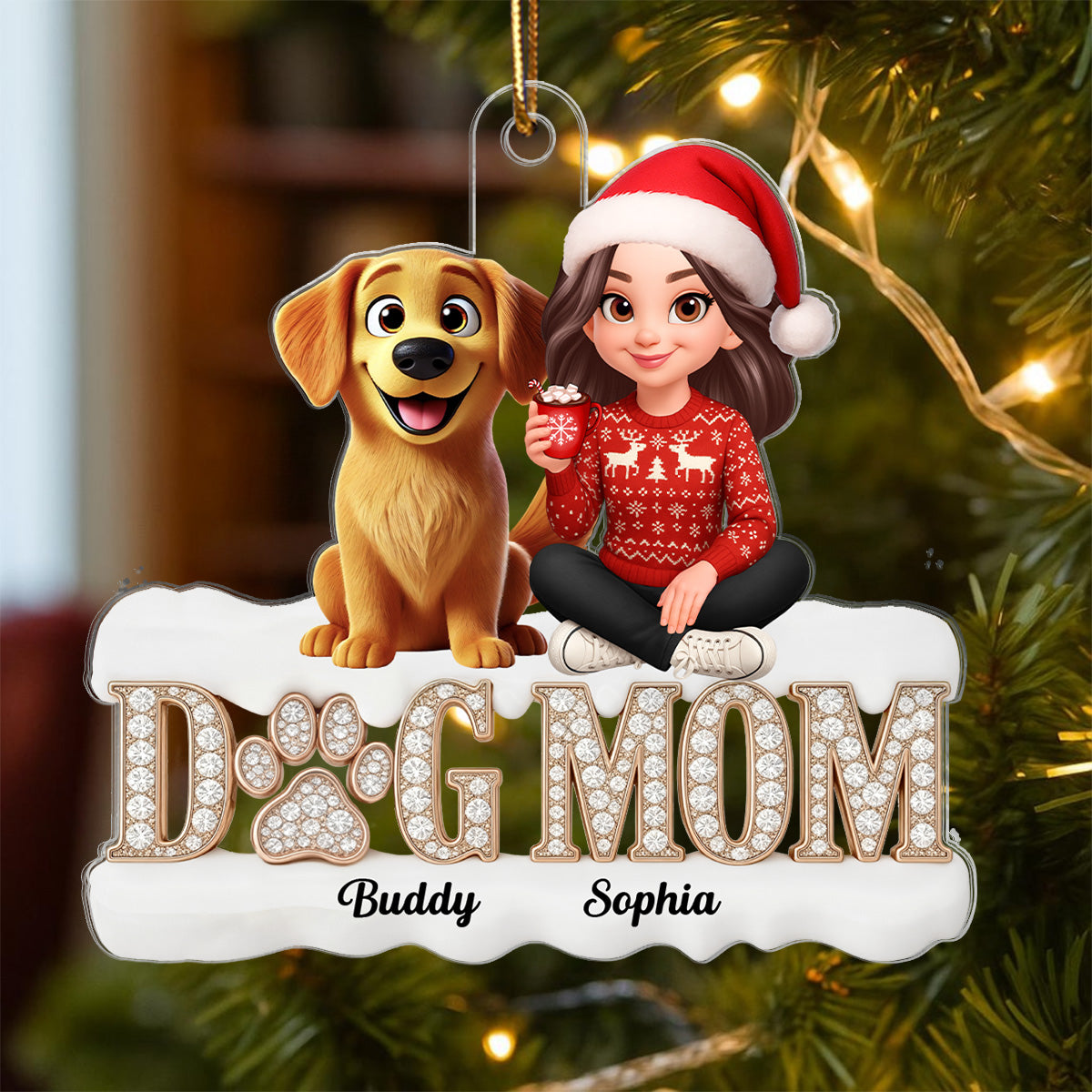 3D Crystal Shining Effect Christmas Dog Mom - Personalized Acrylic Ornament - Gift For Dog Lovers