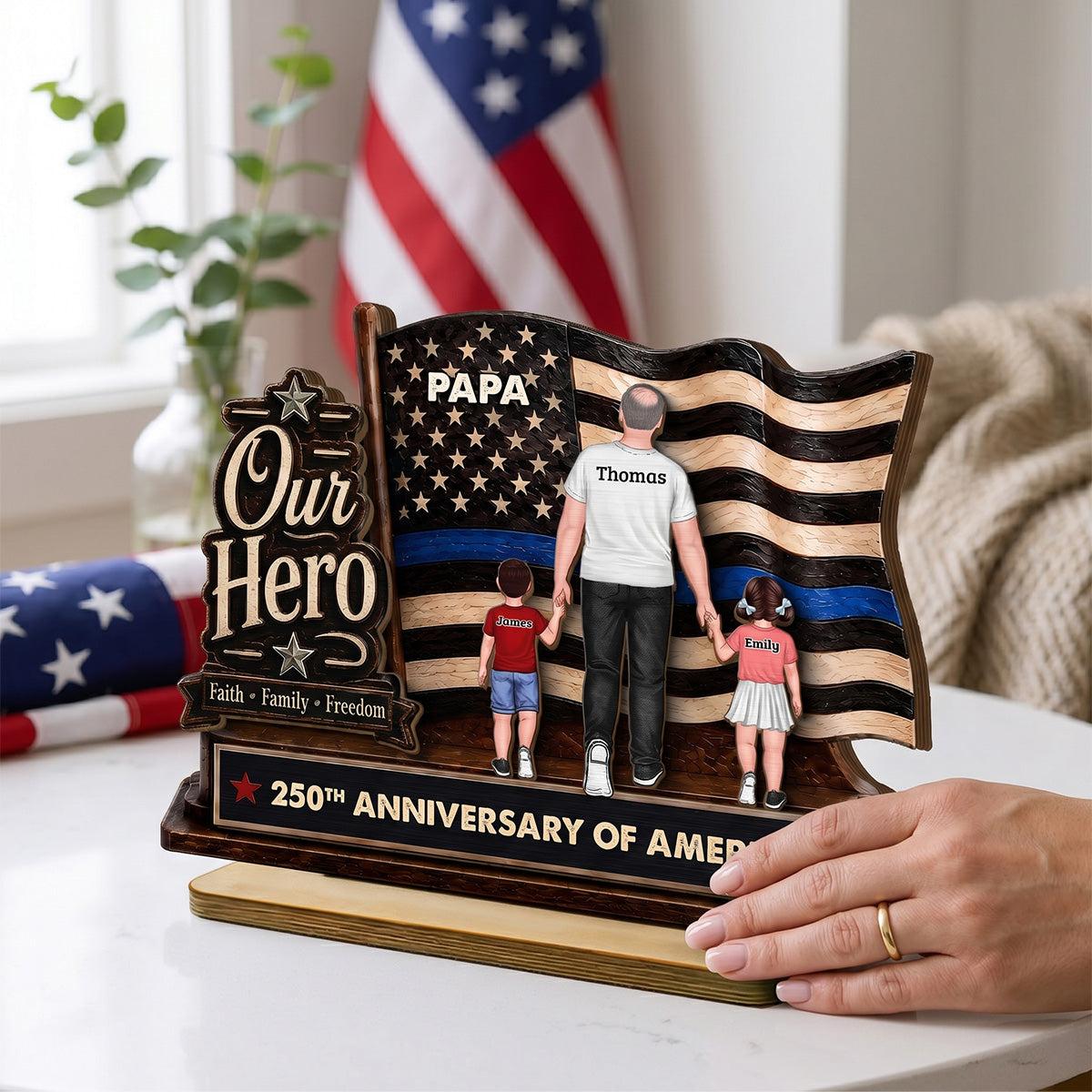 Dad Grandpa Our Hero American Flag 2D Flat - Personalized 2-Layered Wooden Plaque -  Gift For Patriotic Dad, Grandpa, Husband