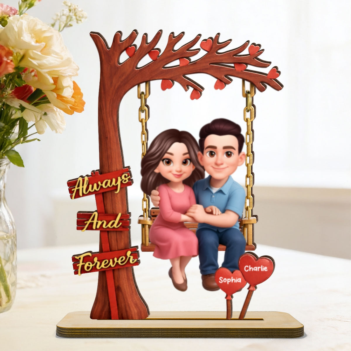 Always And Forever Couple On Swing - Personalized 2-Layered Wooden Plaque - Anniversary, Valentine's Day Gift, Gift For Him, Gift For Her