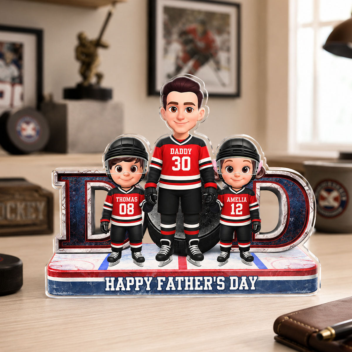 Hockey Dad And Kids Together Front View - Personalized Acrylic Block Plaque -  Gift For Dad, Husband