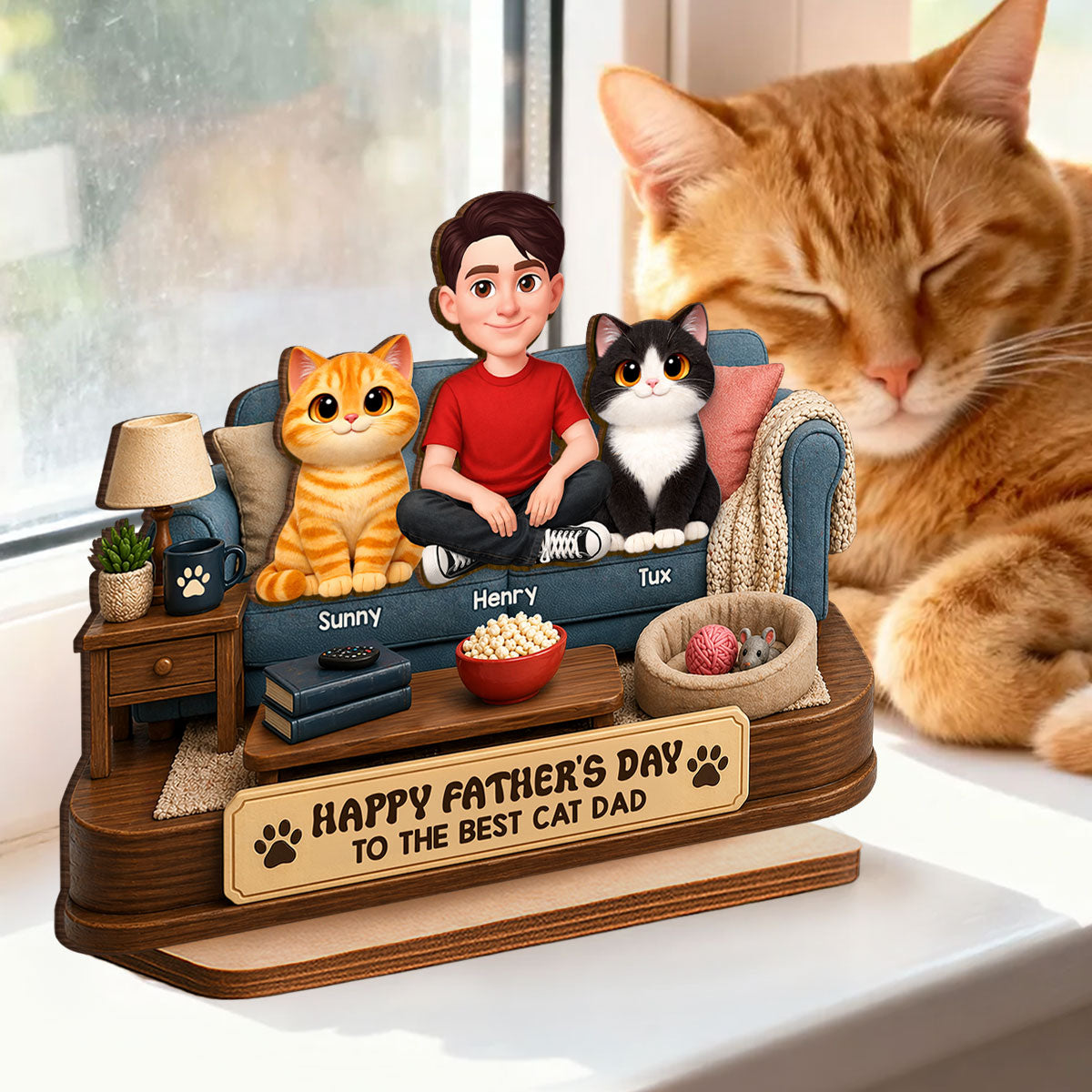 Happy  Best Cat Dad - Personalized 2-Layered Wooden Plaque -  Gift For Cat Dad, Cat Lovers