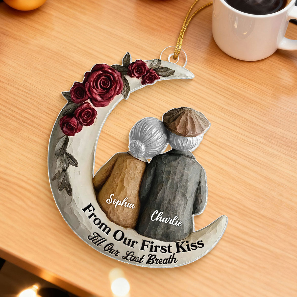Couple On The Moon Faux Wood - Personalized Acrylic Ornament - Heartwarming Christmas Gift For Him, For Her, For Couple