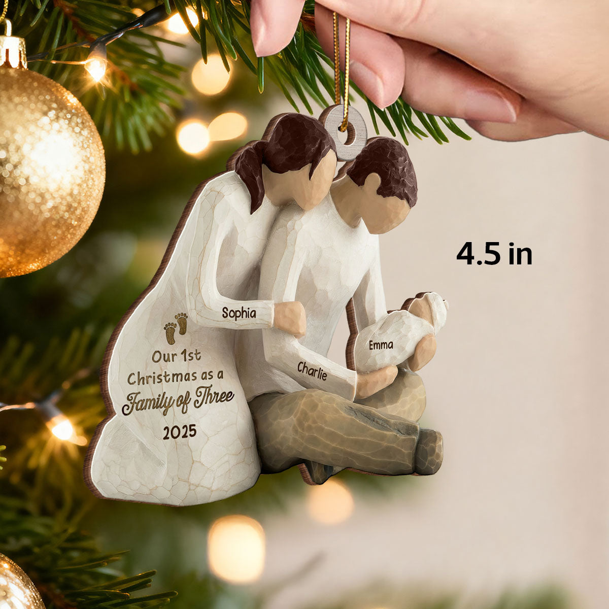 First Christmas As Family Of Three Mom Dad Holding Baby 2D Flat Printed - Personalized Wooden Ornament