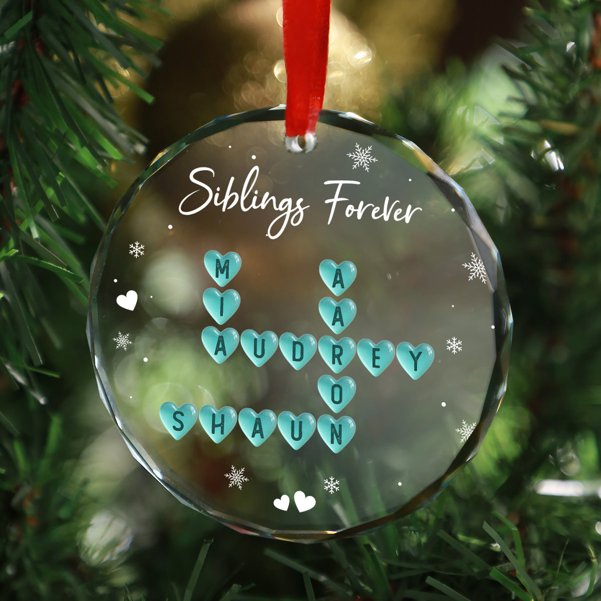 Siblings Forever Heart Sea Glass 3D Inflated Effect Crossword Puzzle Art - Personalized Glass Ornament
