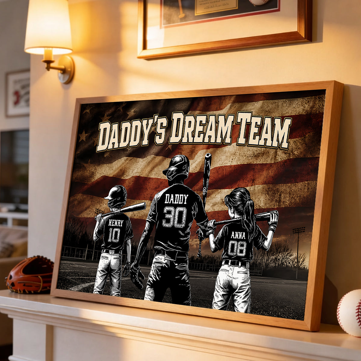 Daddy's Dream Team Baseball Nation Flag - Personalized Poster - Father's Day Gift for Dad, Husband