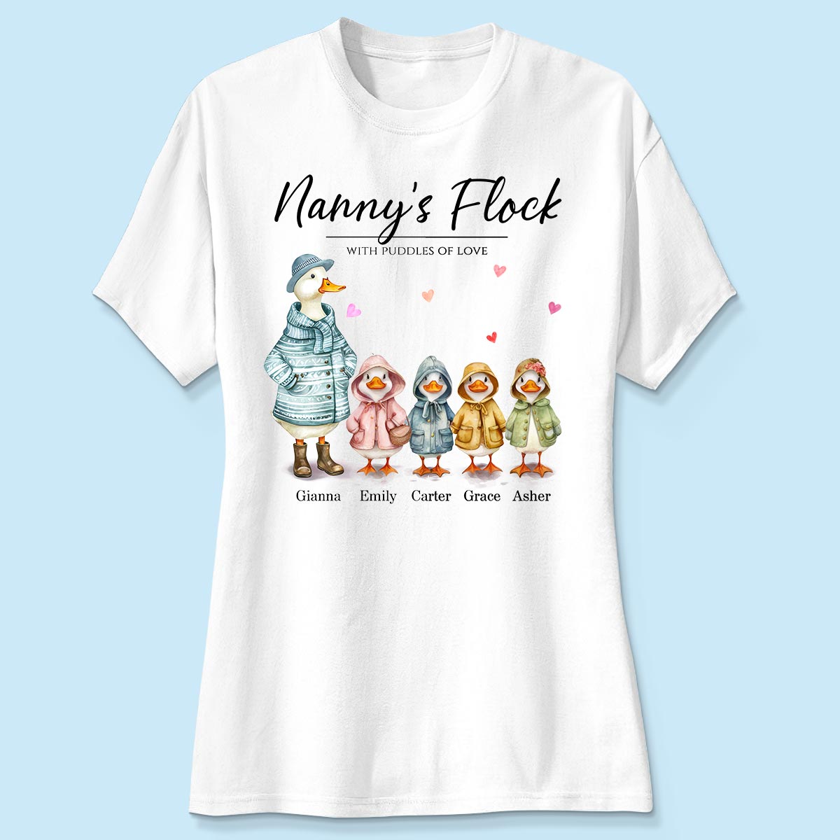 Nanny's Flock Gift For Grandma Nana Grammy Cute Watercolor Ducks Personalised Shirt, Mother's Day Gift