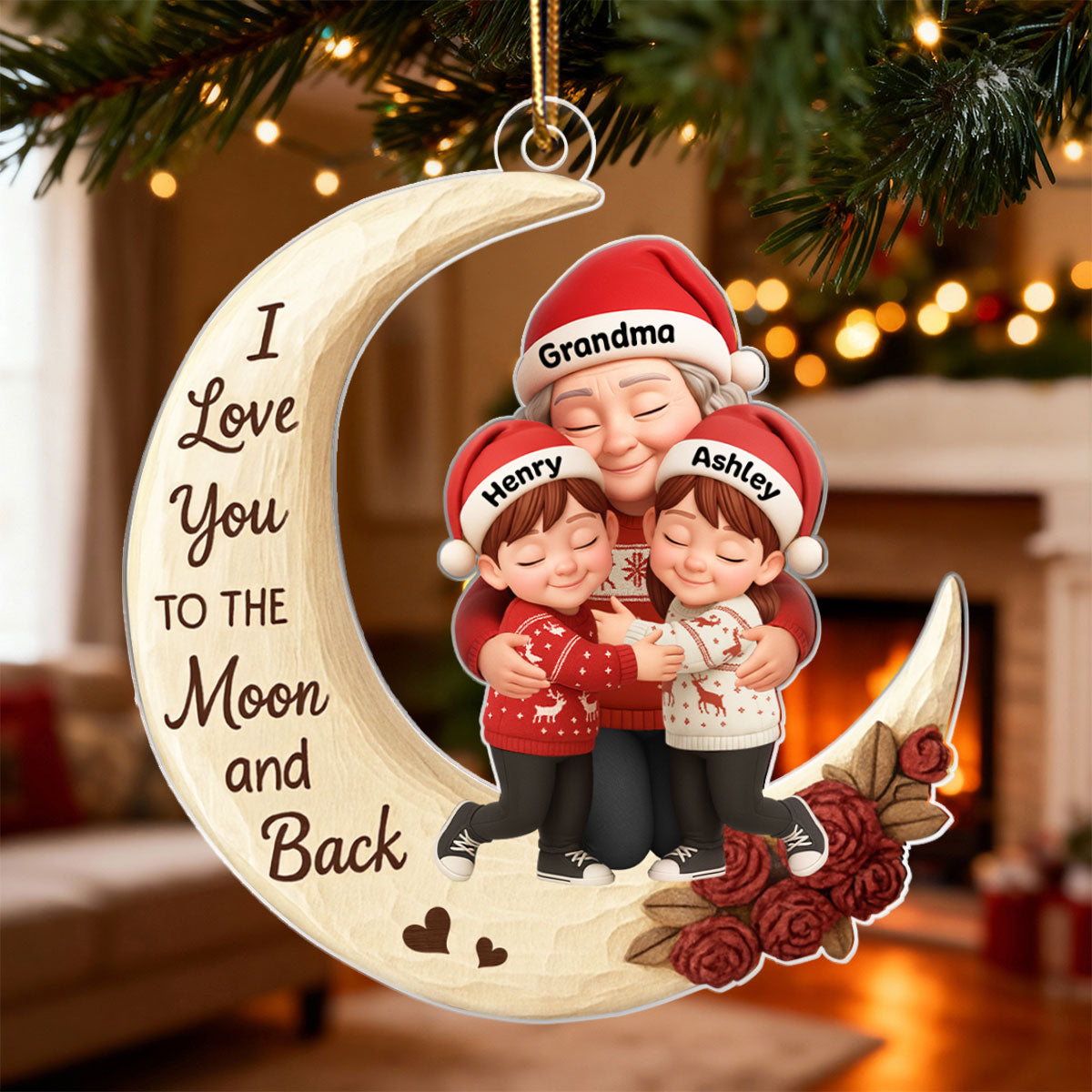 Grandma Grandkids Hugging on Moon 3D Wooden Effect - Personalized Acrylic Ornament - Christmas Gift for Grandma, Grandkids