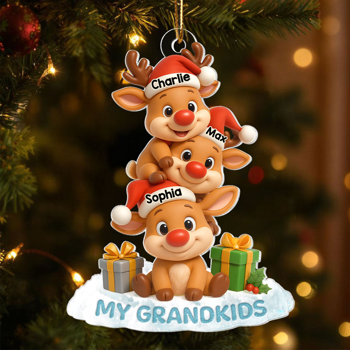 Cute Reindeer Grandkids - Personalized Acrylic Ornament - Christmas Gift for Grandma