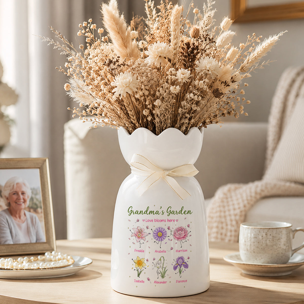 Grandma's Garden Cute Doodle Birth Month Flowers - Personalized Ceramic Flower Vase - Gift For Grandma, Mom