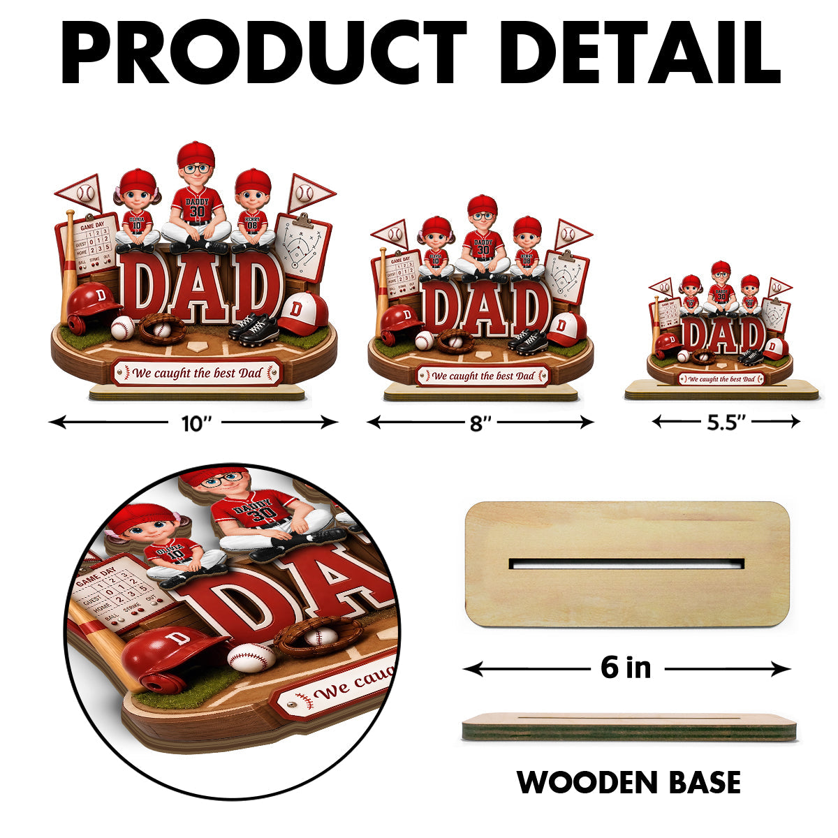 Baseball Dad Kids We Caught The Best Dad - Personalized 2-Layered Wooden Plaque -  Gift For Dad, Husband
