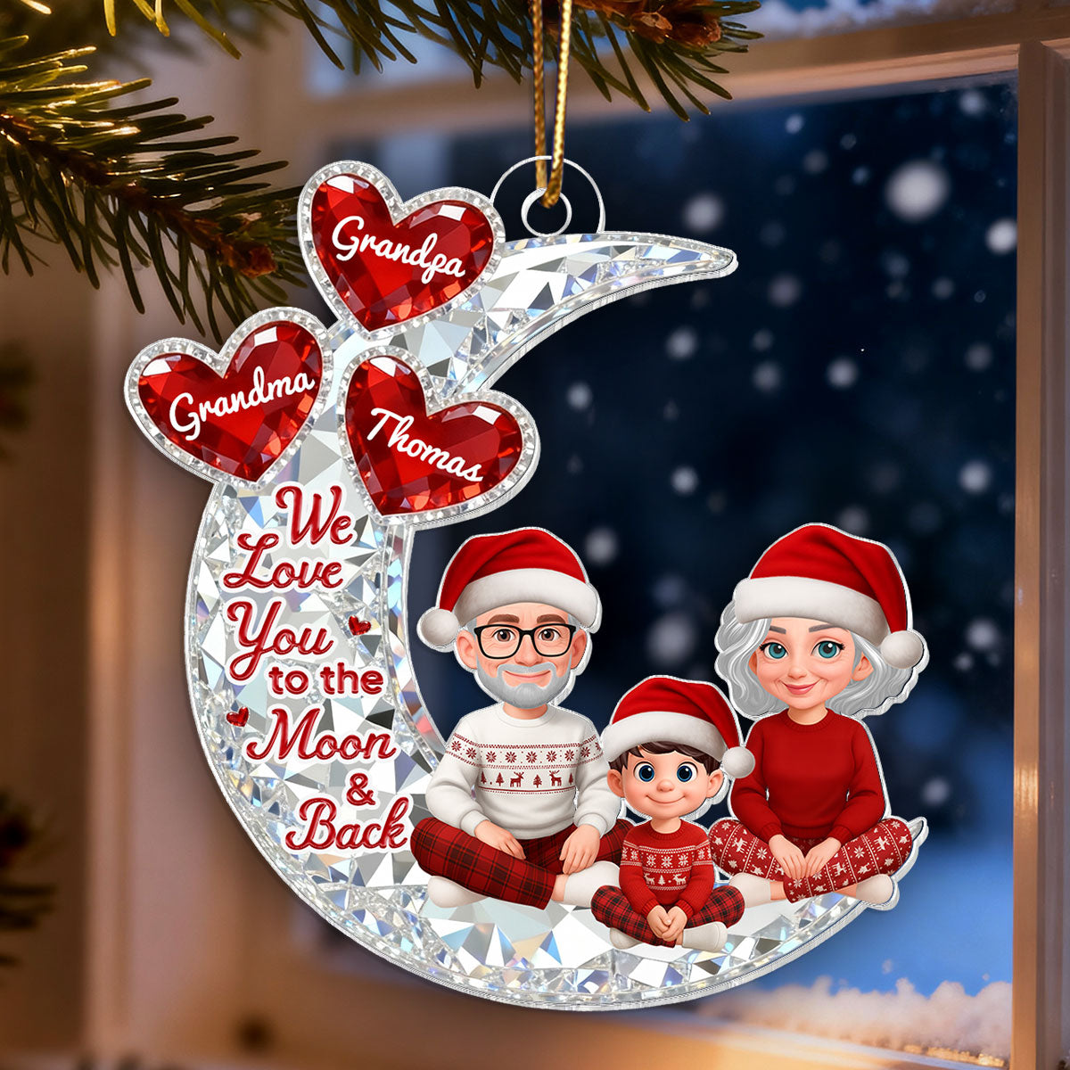 3D Effect Flat Moon Grandpa Grandma Grandkid Love You To The Moon And Back - Personalized Acrylic Ornament - Christmas Gift For All Grandkids