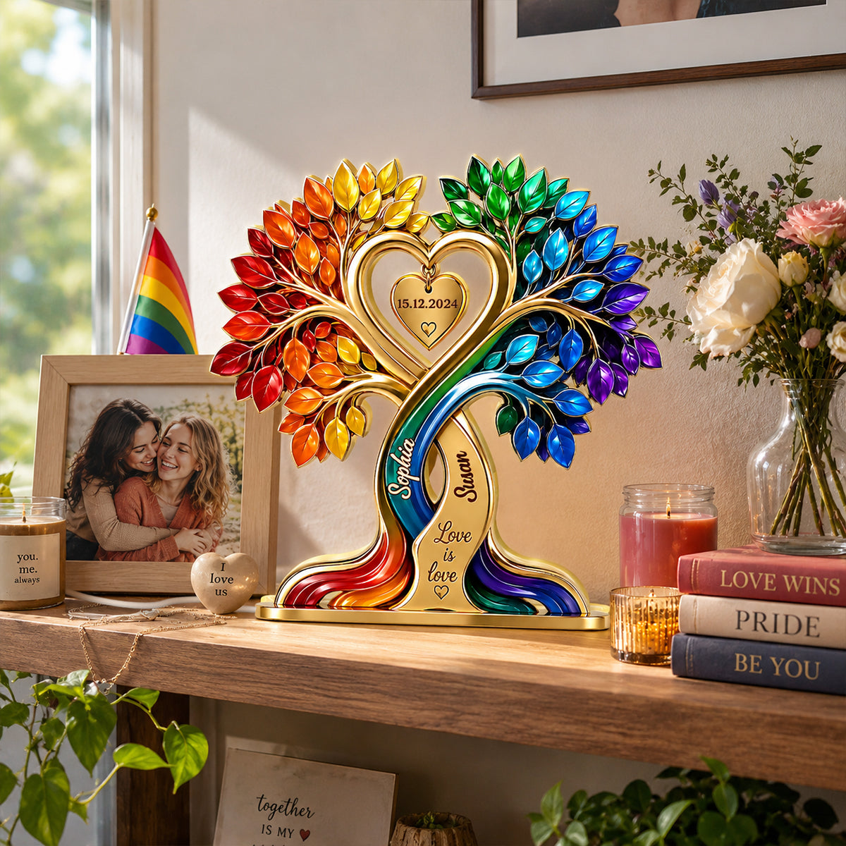LGBTQ+ Couple Heart Tree - Personalized Light Box - Anniversary Gift for Him, Gift for Her