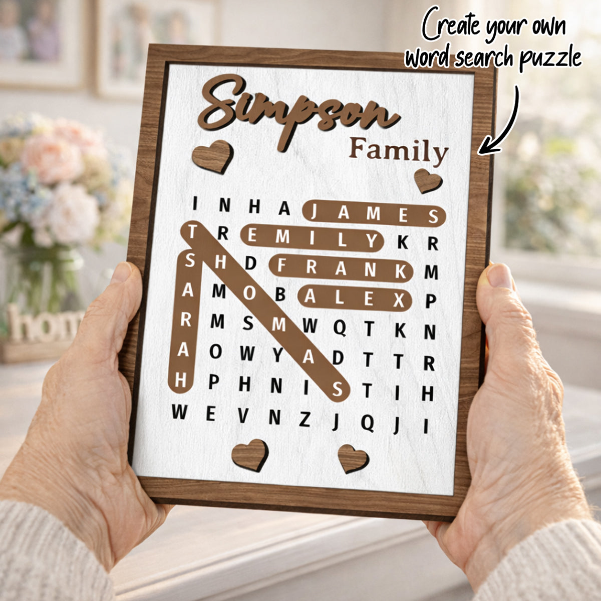 Family Word Search Puzzle Sign - Personalized 2-Layered Wooden Plaque - Gift for Mom, Dad, Grandparents