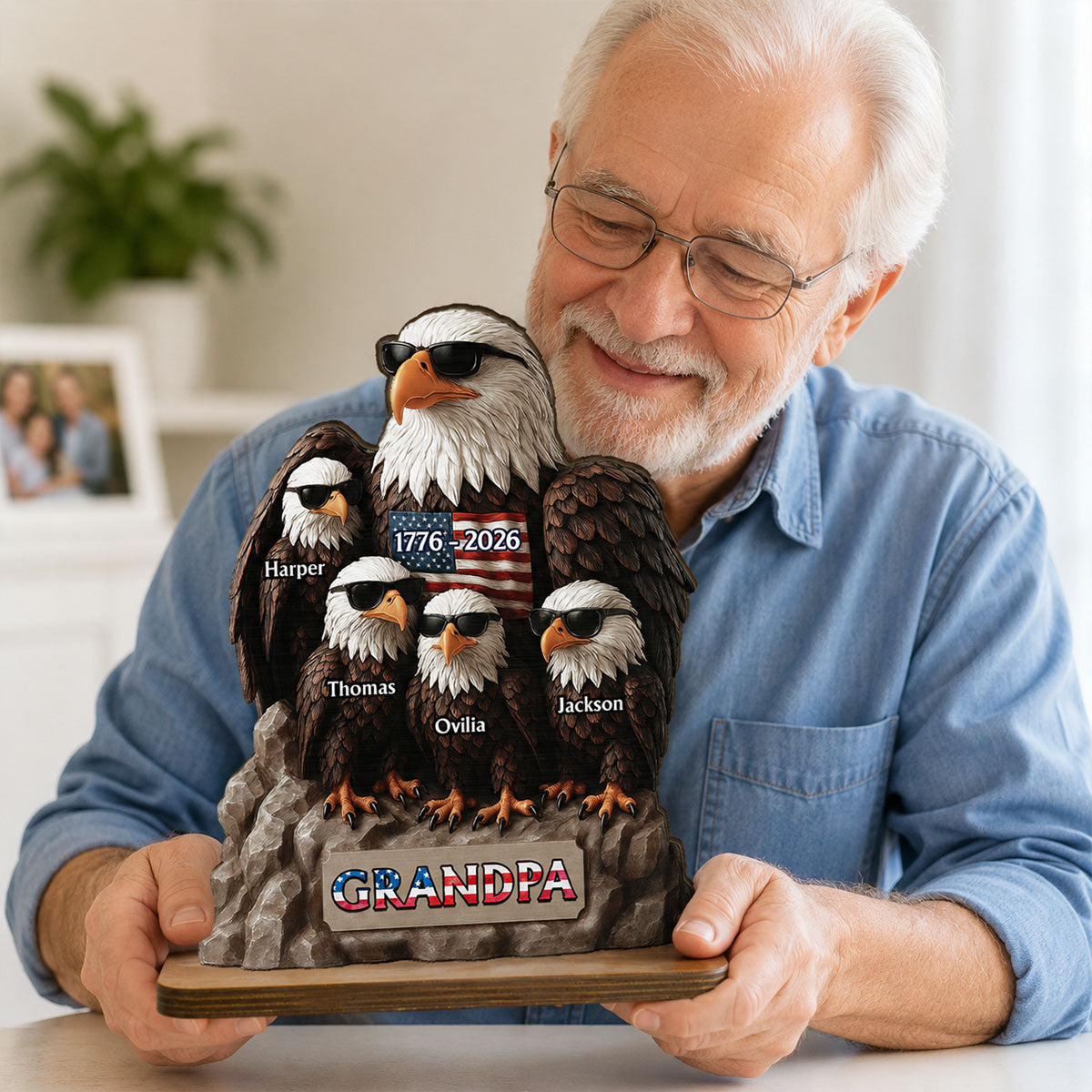 America 250th Anniversary Patriotic Eagle Grandpa Dad & Kids - Personalized 2-Layered Wooden Plaque -  Gift, 250th Anniversary Gift, Keepsake For Grandpa, Dad