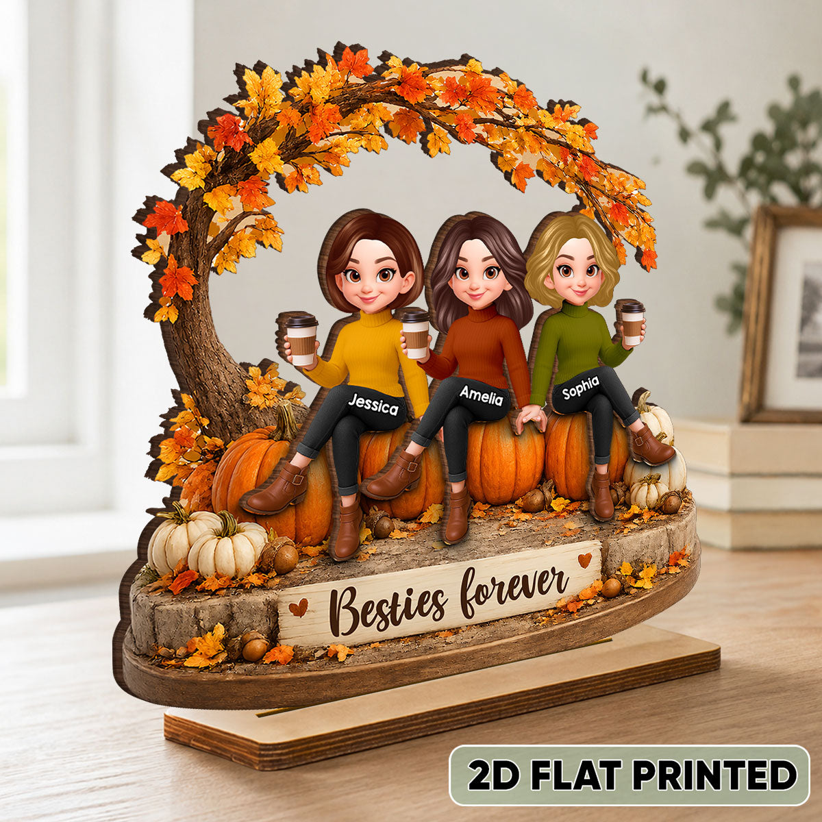 Cozy Autumn Besties Forever - Personalized 2-Layered Wooden Plaque - Fall Season Gift For Besties