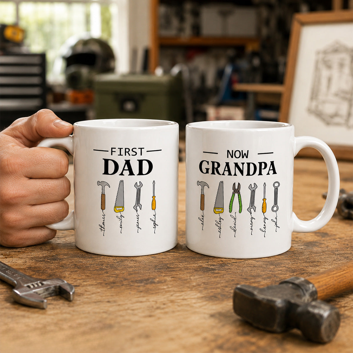 First Dad Now Grandpa Garage Tools Custom Kids Names - Personalized Mug - Father's Day Gift For Mechanic Dad, Grandpa