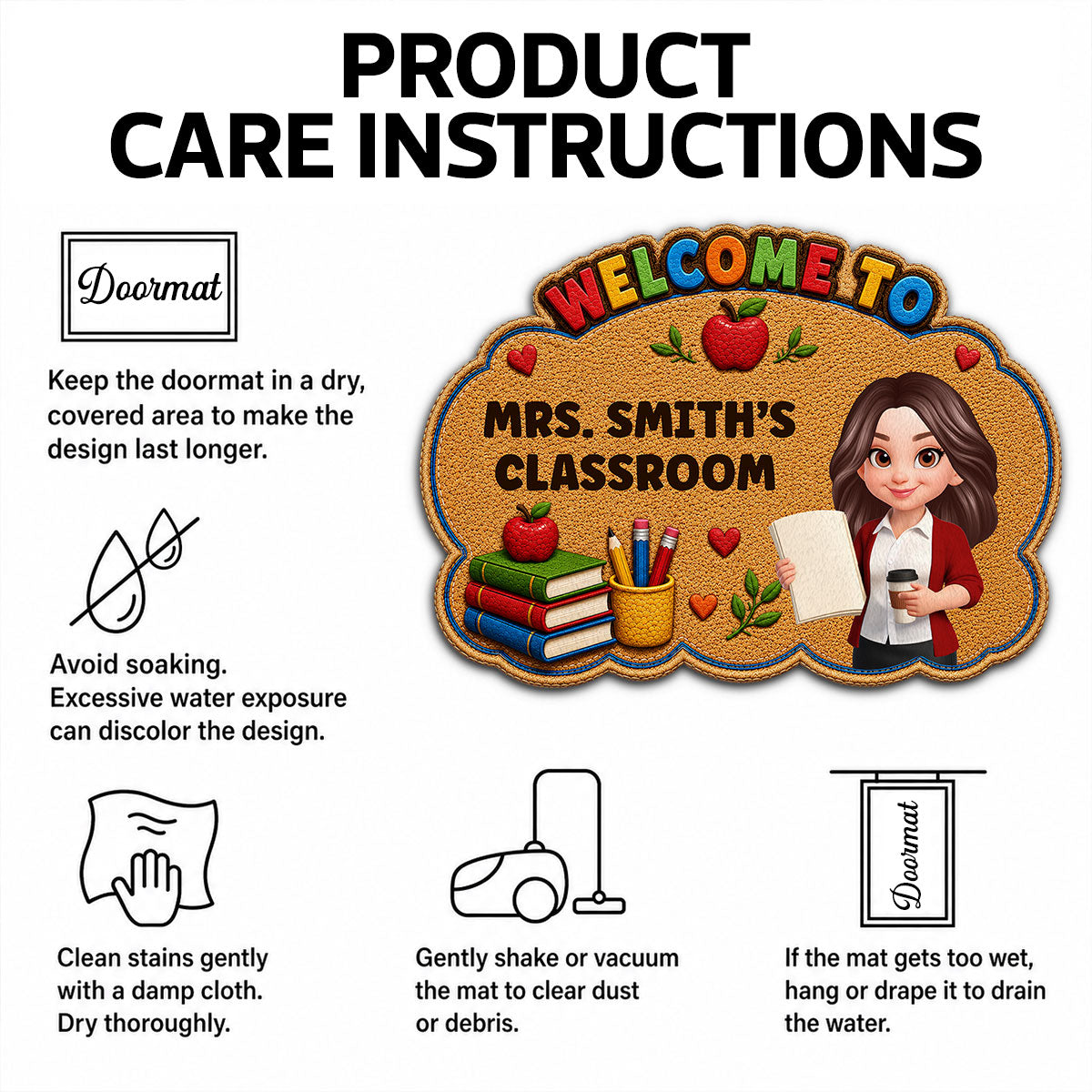 Teacher Welcome To Classroom Happy Learning - Personalized Doormat - Back To School, Classroom Decor
