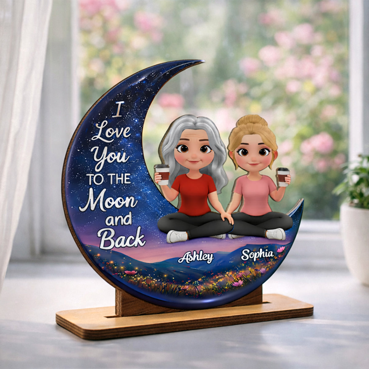 I Love You To The Moon And Back Mom Daughters - Personalized 2-Layered Wooden Plaque - Heartfelt Gift For Mom, Grandma