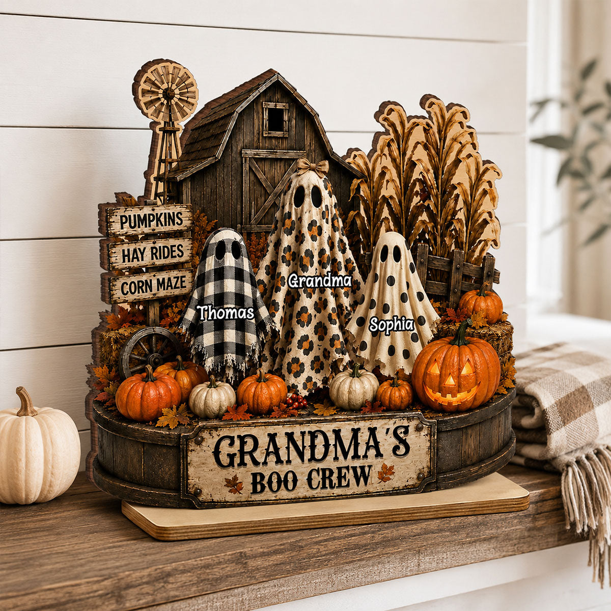 Grandma's Boo Crew Pumpkin Patch - Personalized 2-Layered Wooden Plaque - Halloween Fall Decor for Grandma