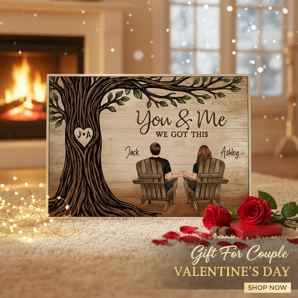 Couple Sitting Under Heart Carved Tree - Personalized Poster - Valentine's Day Gift For Couple