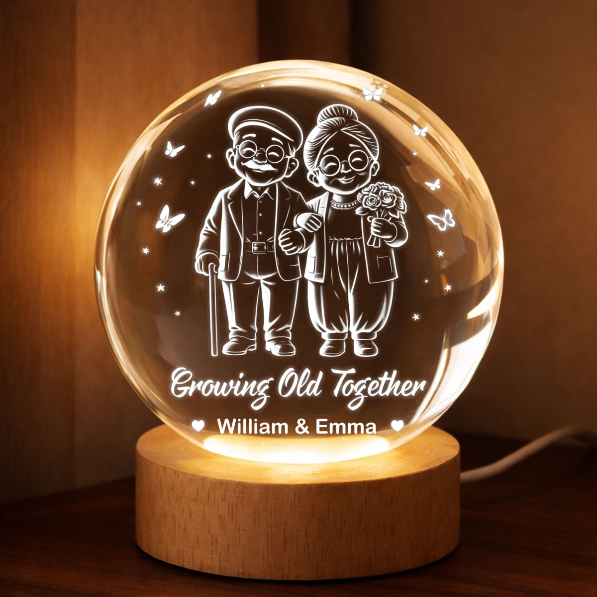 Couple Growing Old Together - Personalized Crystal Ball LED Night Light - Heartfelt Valentine's Day Gift for Her, for Him