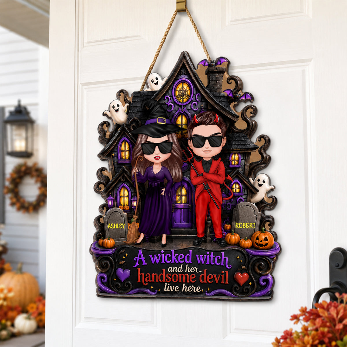 Halloween A Wicked Witch and Her Handsome Devil Live Here - Personalized Door Sign - Summerween Decor for Couples