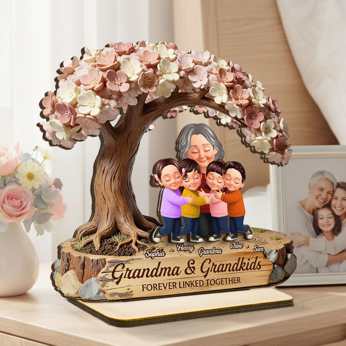 Grandma And Grandkids Under Blossom Tree - Personalized 2-Layered Wooden Plaque - Gift For Mom