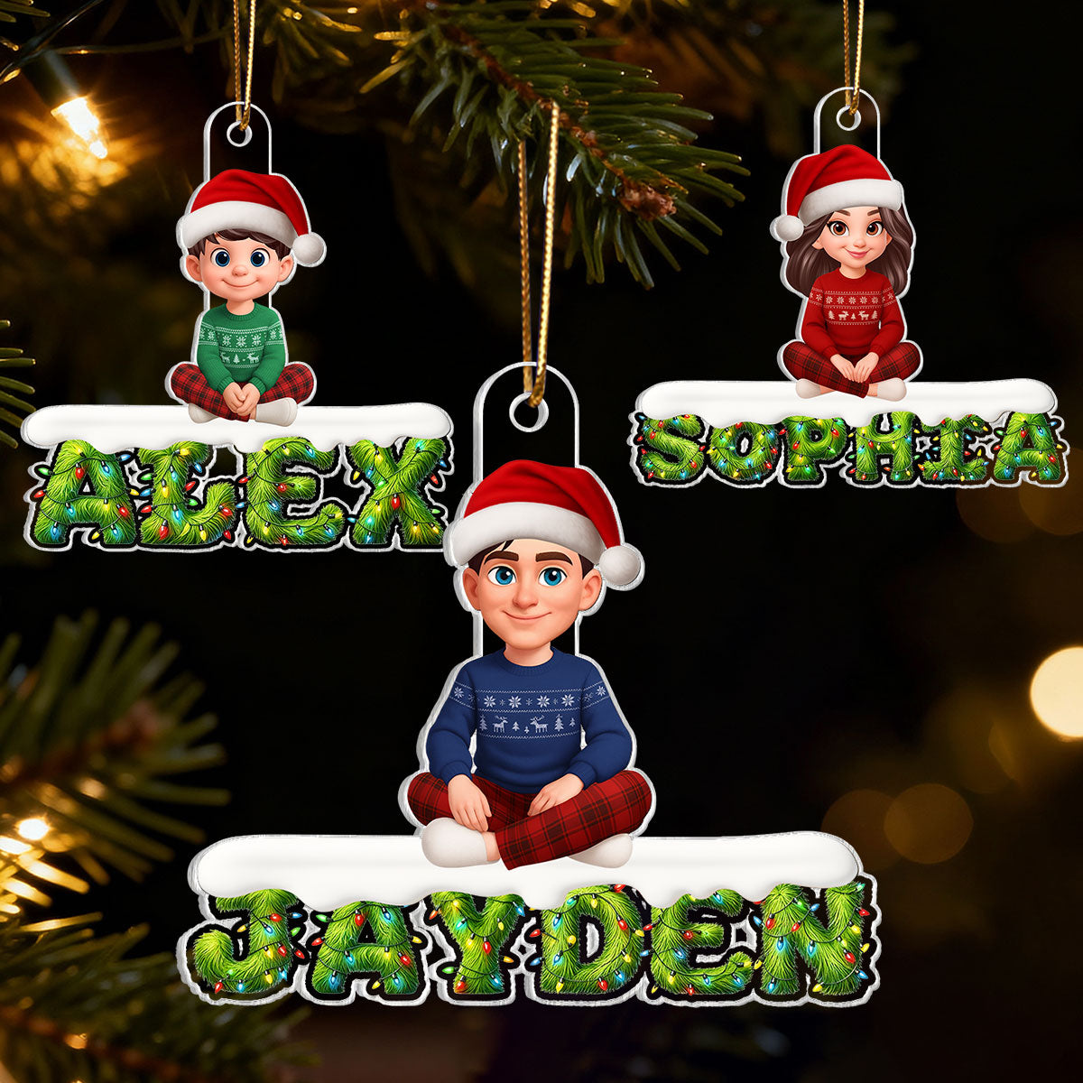 3D Effect Festive Green Pattern Family Member Name - Personalized Acrylic Ornament - Gift For Family