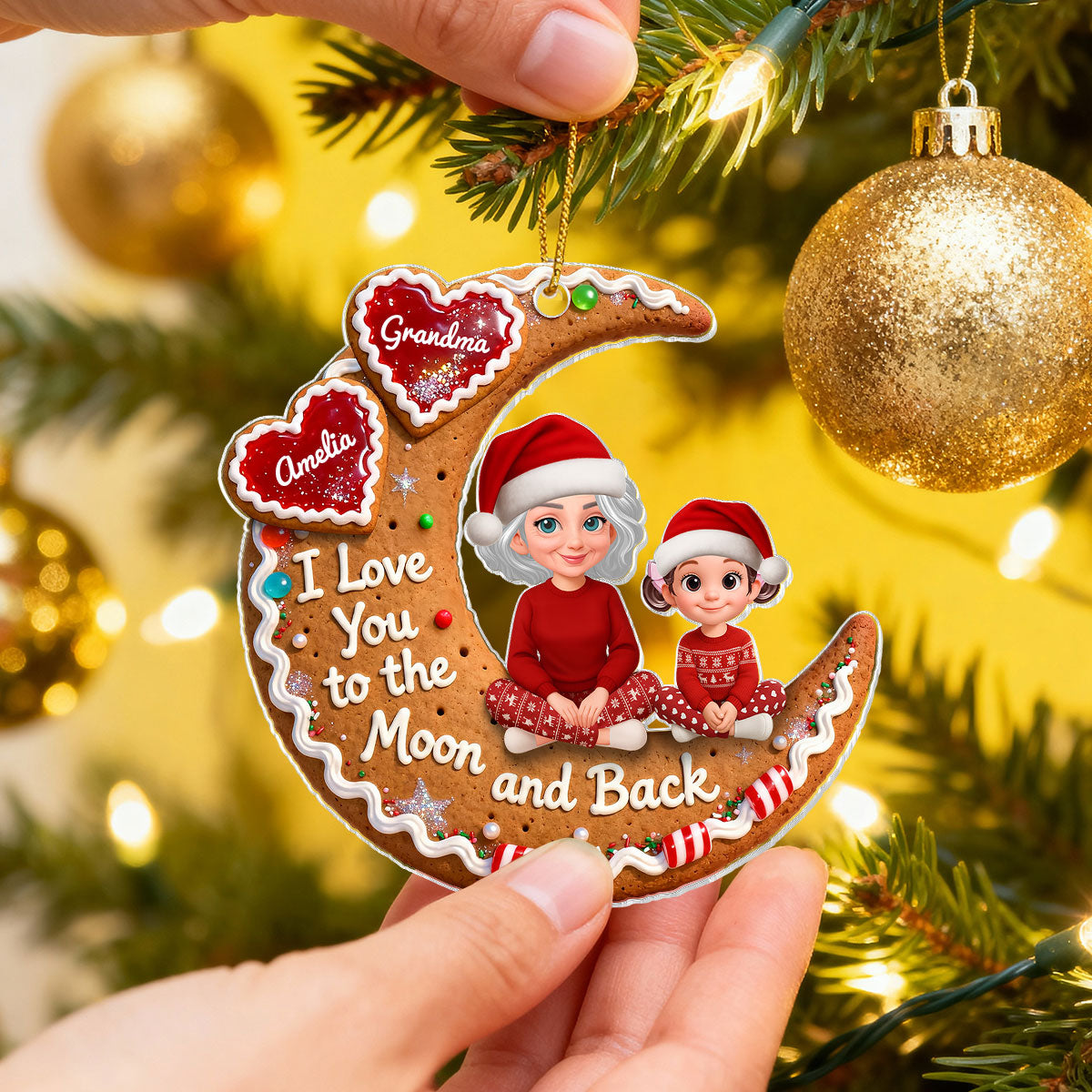 3D Effect Gingerbread Moon Grandma Grandkid Love You To The Moon And Back - Personalized Acrylic Ornament - Christmas Gift For All Grandkids