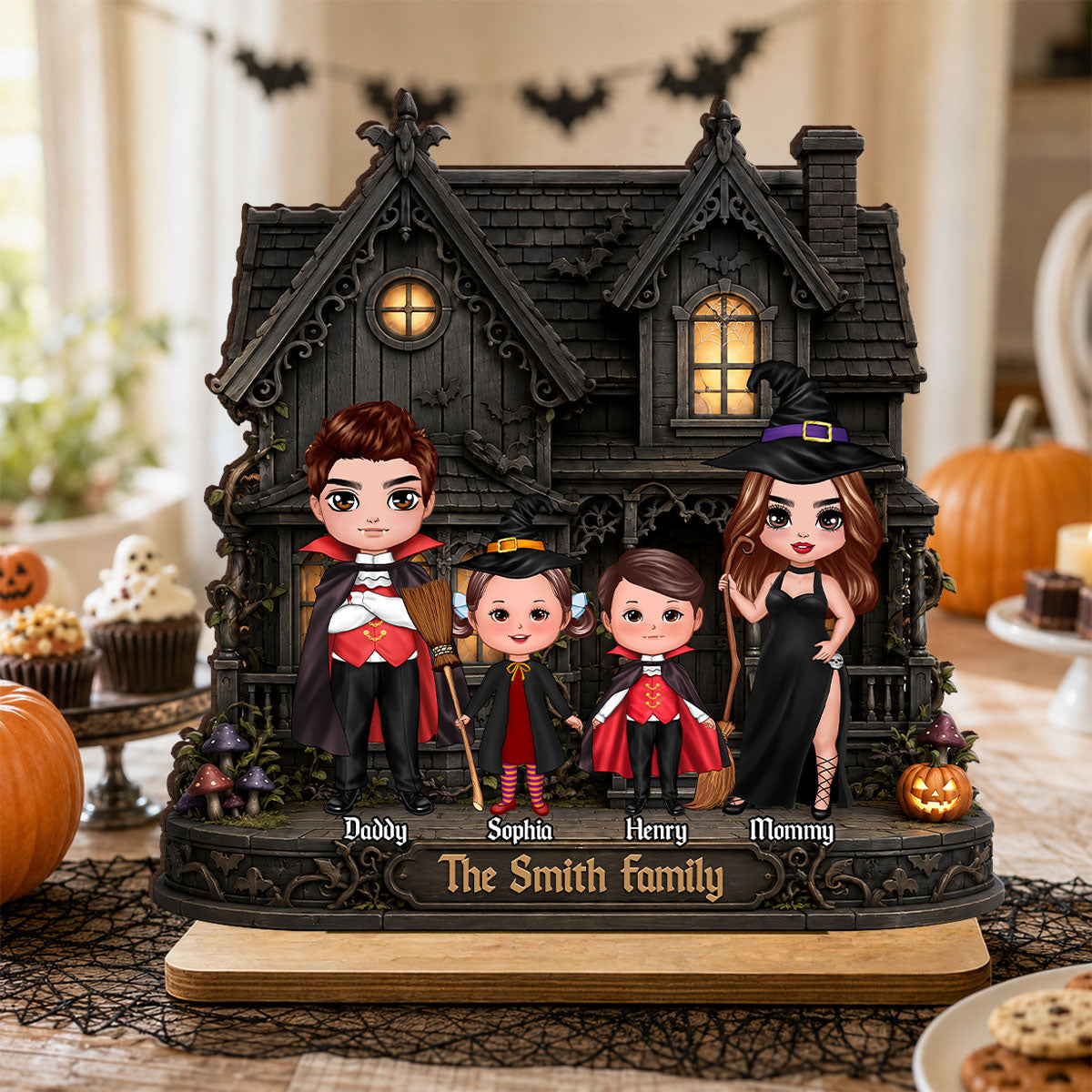 Family Haunted House - Personalized 2-Layered Wooden Plaque - Halloween Spooky Gothic Home Decor