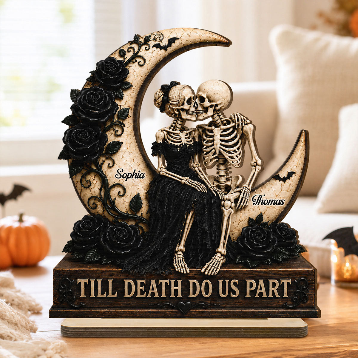 Till Death Do Us Part Skeleton Couple On Moon 2D Flat - Personalized 2-Layered Wooden Plaque - Halloween Decor For Couple