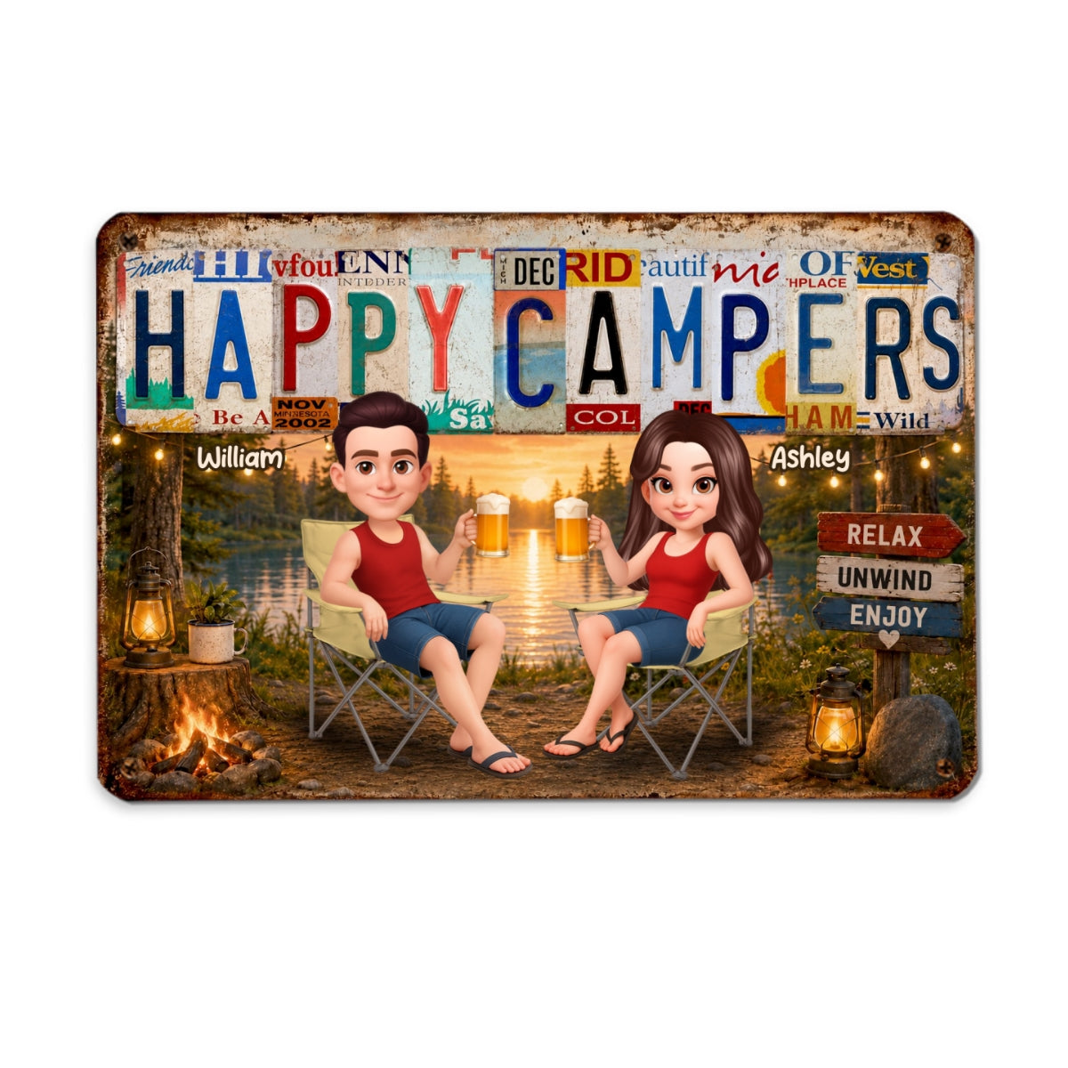 Happy Campers Camping Couple License Plate Style - Personalized Metal Sign - Gift For Campers