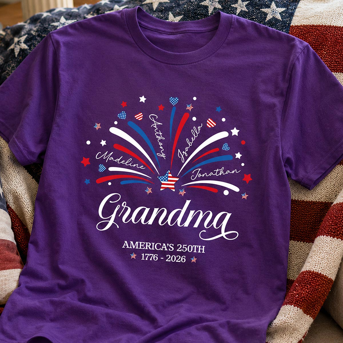 Grandma Fireworks Custom Kid Name - Personalized Shirt - American 250th Anniversary Keepsake For Grandma, Wife